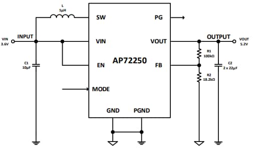 应用电路图 - Diodes Incorporated AP72250同步升压转换器